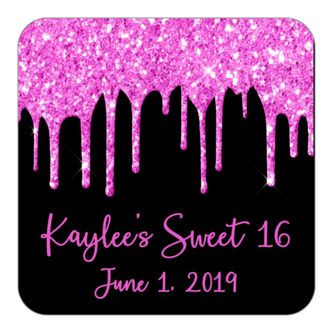 Glitter Drip Favor Stickers OR Tags-Pink/Black