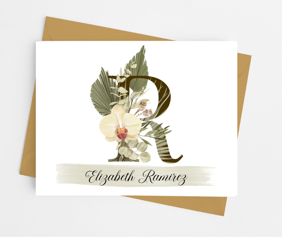Tropical Floral Themed Initial Monogram Note Cards