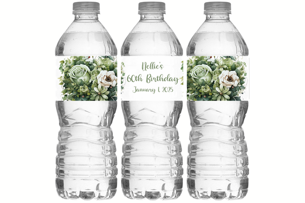 Green Floral Water Bottle Labels