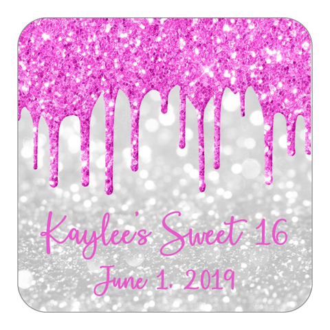 Glitter Drip Favor Stickers OR Tags-Pink/White