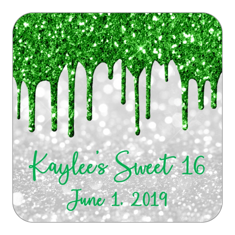 Glitter Drip Favor Stickers OR Tags-Green/White