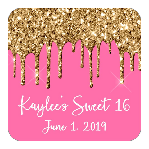 Glitter Drip Favor Stickers OR Tags-Gold/Dark Pink
