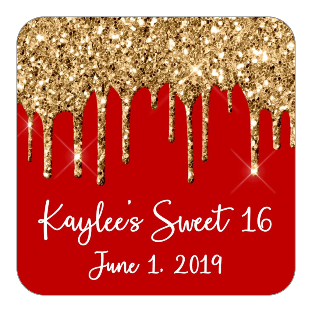 Glitter Drip Favor Stickers OR Tags-Gold/Red