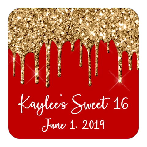 Glitter Drip Favor Stickers OR Tags-Gold/Red