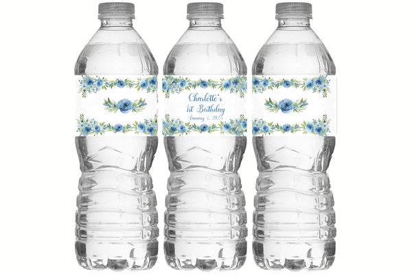 Blue Floral Water Bottle Labels