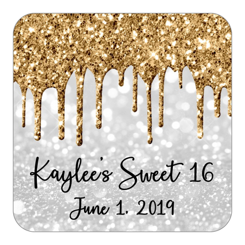 Glitter Drip Favor Stickers OR Tags-Gold/White