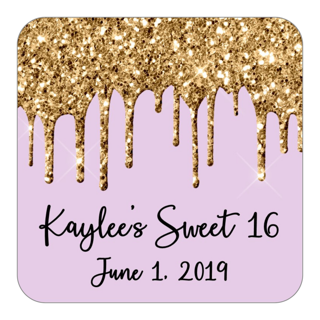 Glitter Drip Favor Stickers OR Tags-Gold/Lavender