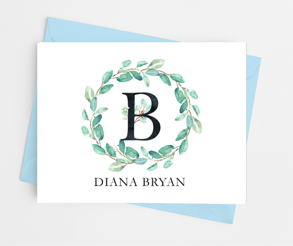 Eucaplytus Wreath Initial Monogram Note Cards