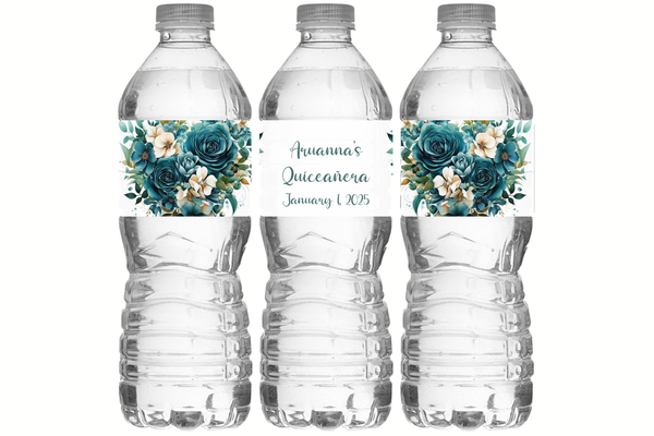Teal Floral Water Bottle Labels