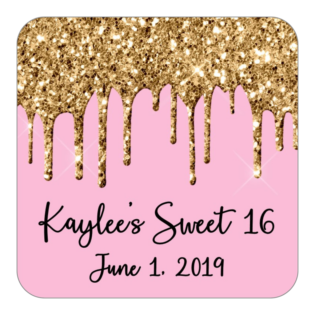 Glitter Drip Favor Stickers OR Tags-Gold/Light Pink