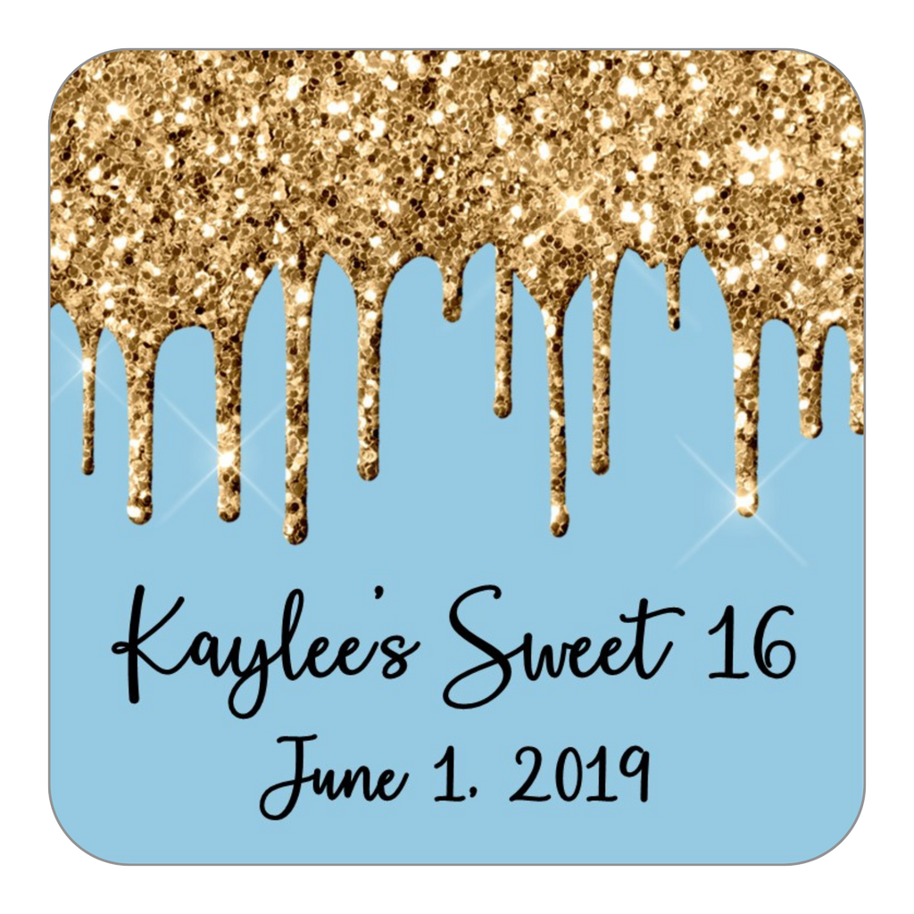 Glitter Drip Favor Stickers OR Tags-Gold/Blue