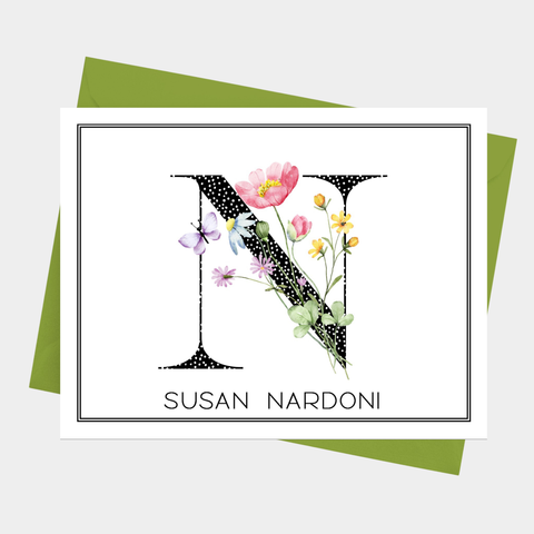 Wildflower Floral Themed Initial Monogram Note Cards