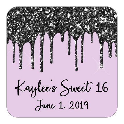 Glitter Drip Favor Stickers OR Tags-Black/Lavender