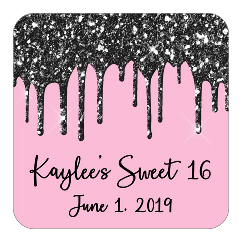 Glitter Drip Favor Stickers OR Tags-Black/Light Pink