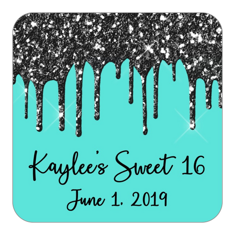 Glitter Drip Favor Stickers OR Tags-Black/Teal