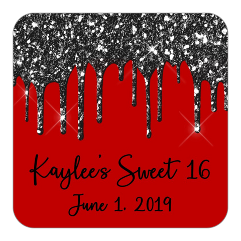 Glitter Drip Favor Stickers OR Tags-Black/Red
