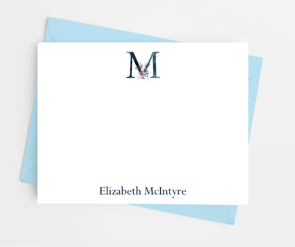 Navy Blue Floral Single Initial Monogram Flat Note Cards