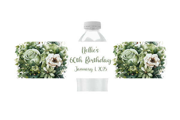 Green Floral Water Bottle Labels