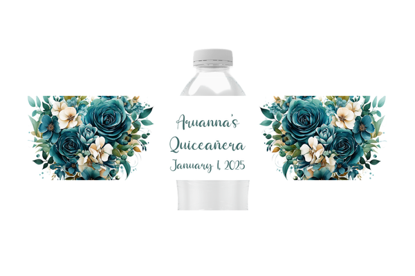 Teal Floral Water Bottle Labels