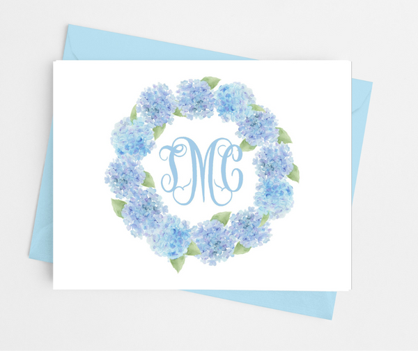 Blue Hydrangea Monogram Note Cards