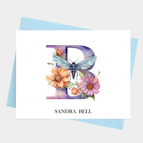 Dragonfly Floral Themed Initial Monogram Note Cards