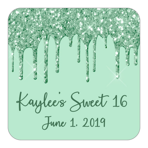Glitter Drip Favor Stickers OR Tags-Green