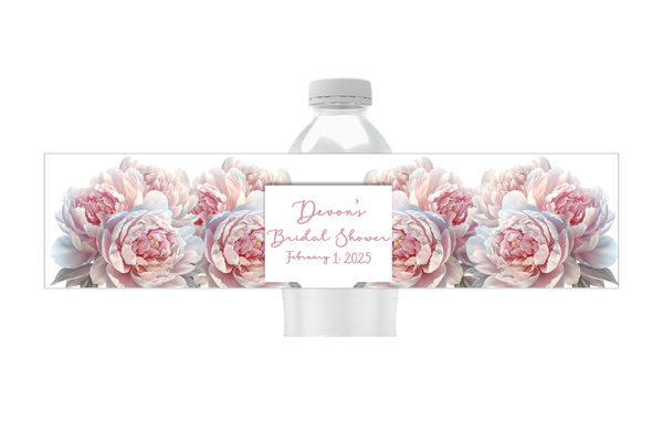 Pink Peony Floral Water Bottle Labels