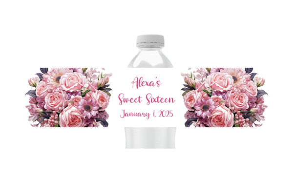 Pink Floral Water Bottle Labels