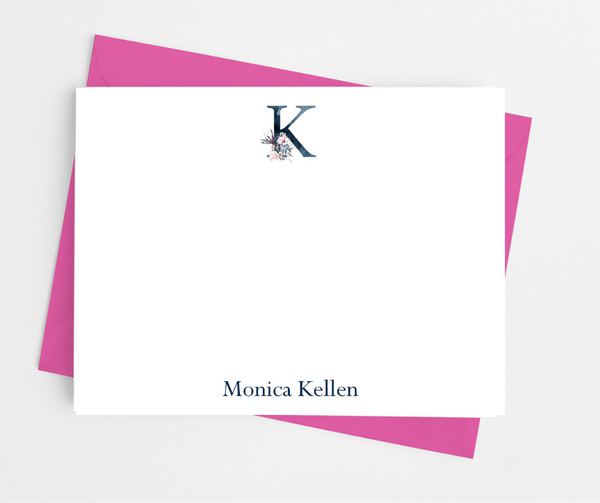 Navy Blue Floral Single Initial Monogram Flat Note Cards