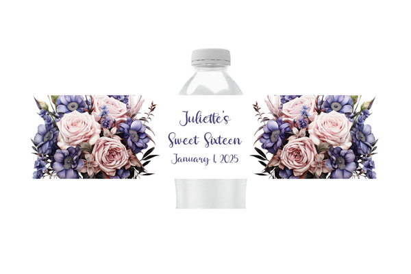Pink and Blue Floral Water Bottle Labels