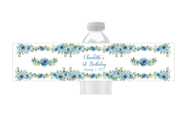 Blue Floral Water Bottle Labels
