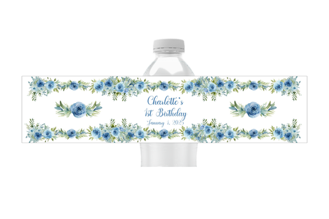 Blue Floral Water Bottle Labels
