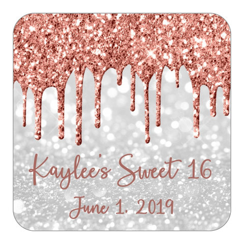 Glitter Drip Favor Stickers OR Tags-Rose Gold/White