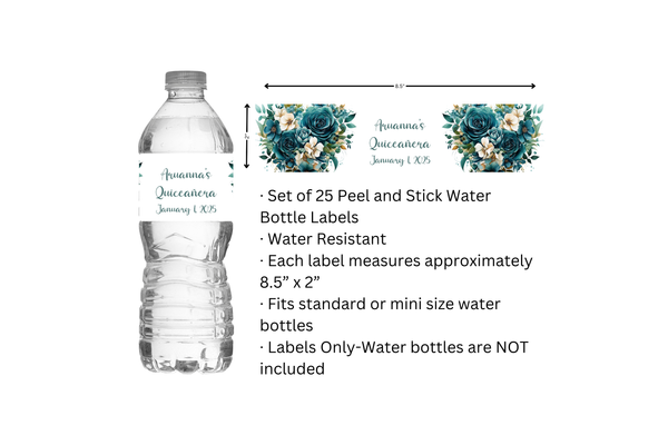 Teal Floral Water Bottle Labels