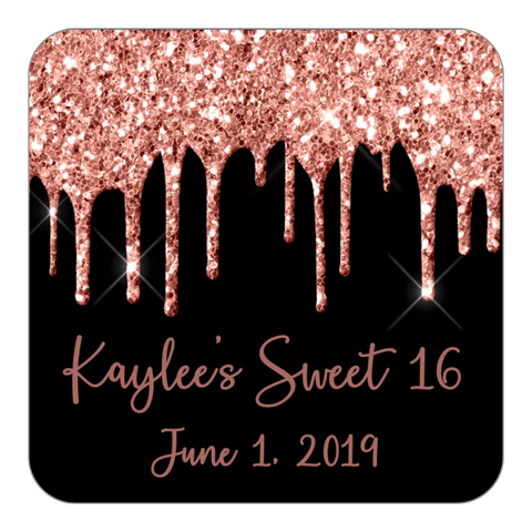 Glitter Drip Favor Stickers OR Tags-Rose Gold/Black