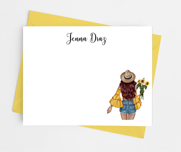 Boho Sunflower Girl Flat Note Cards