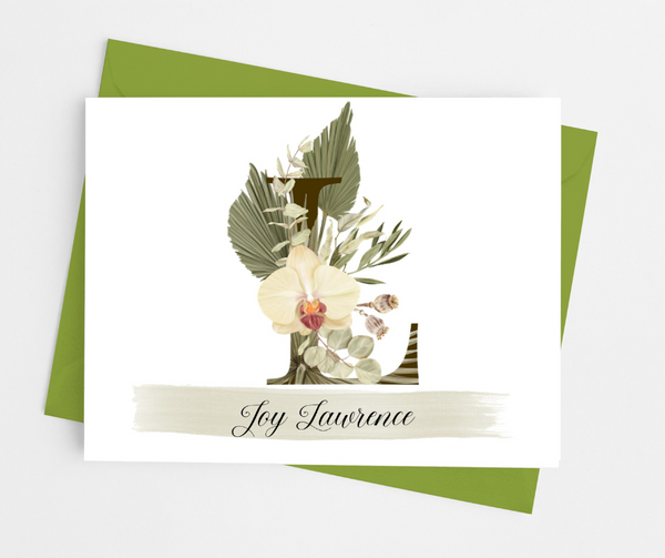 Tropical Floral Themed Initial Monogram Note Cards