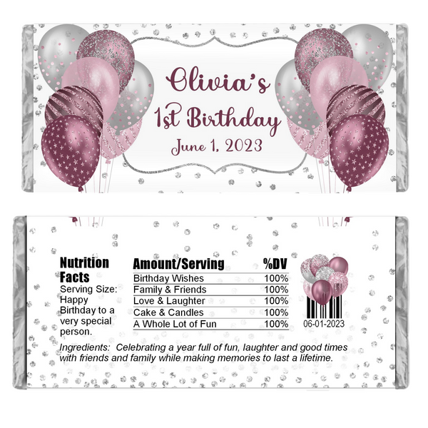 Pink and Silver Balloons Candy Bar Wrapper