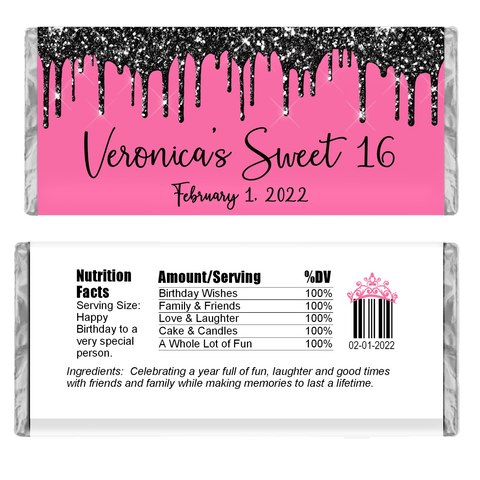 Glitter Drip Candy Bar Wrapper-Pink/Black