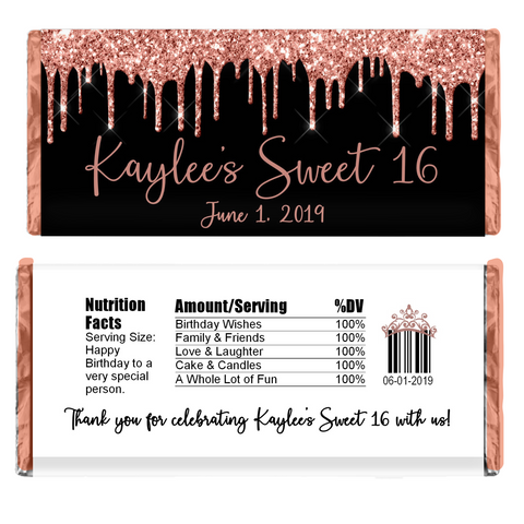 Glitter Drip Candy Bar Wrapper-Black/Rose Gold