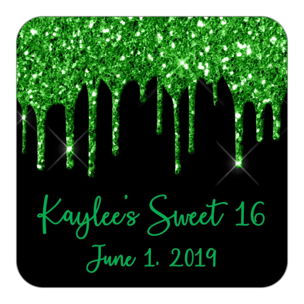 Glitter Drip Favor Stickers OR Tags-Green/Black