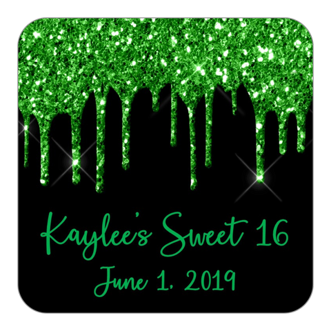 Glitter Drip Favor Stickers OR Tags-Green/Black