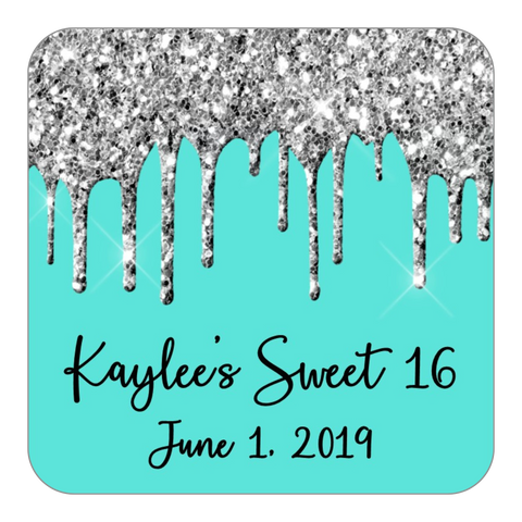 Glitter Drip Favor Stickers OR Tags-Silver/Teal