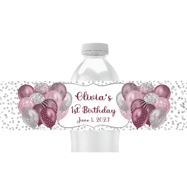 Pink Balloon Water Bottle Labels