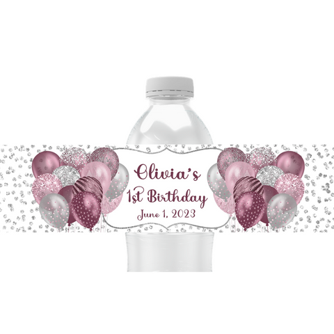 Pink Balloon Water Bottle Labels