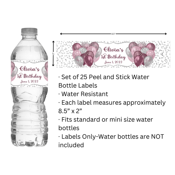 Pink Balloon Water Bottle Labels