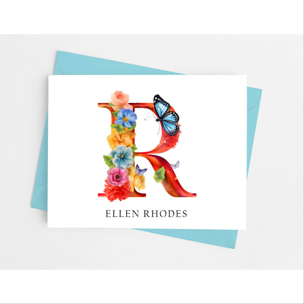 Butterfly Floral Themed Initial Monogram Note Cards