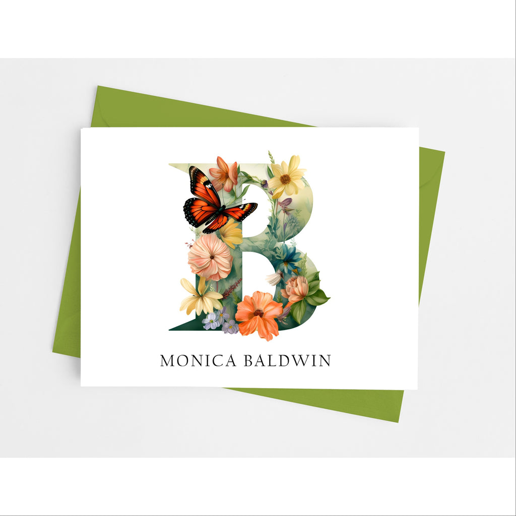 Butterfly Floral Themed Initial Monogram Note Cards