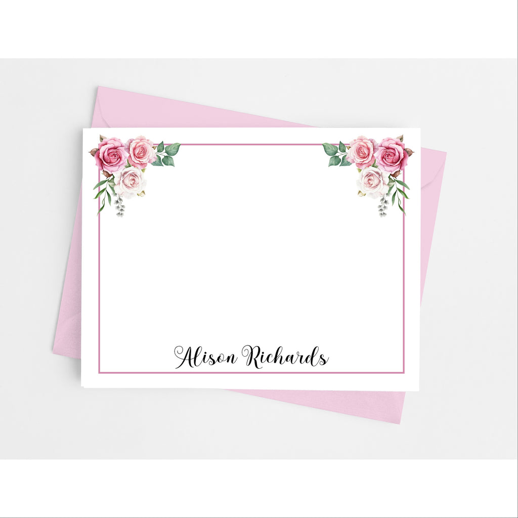 Pink Rose Floral Flat Note Cards