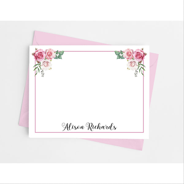 Pink Rose Floral Flat Note Cards